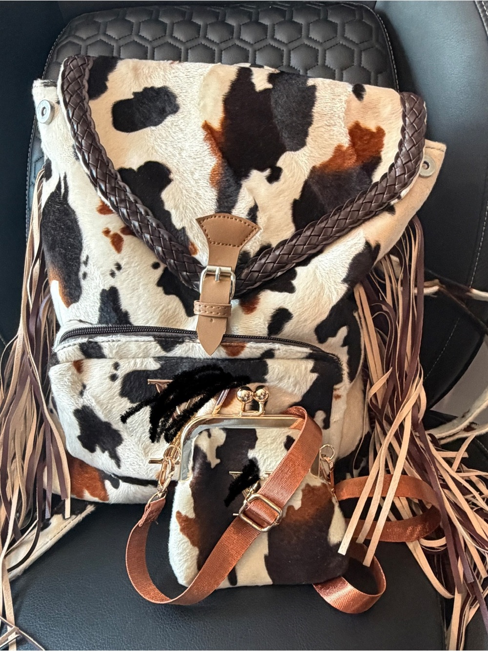 Faux Cowhide Fringe Backpack and Mini Crossbody Set - Brown & Black Pattern